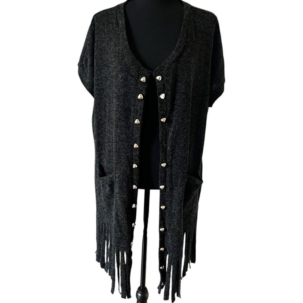 Panitti Women’s Open Fringe‎ Short Sleeve Cardigan Charcoal Size Medium NWT